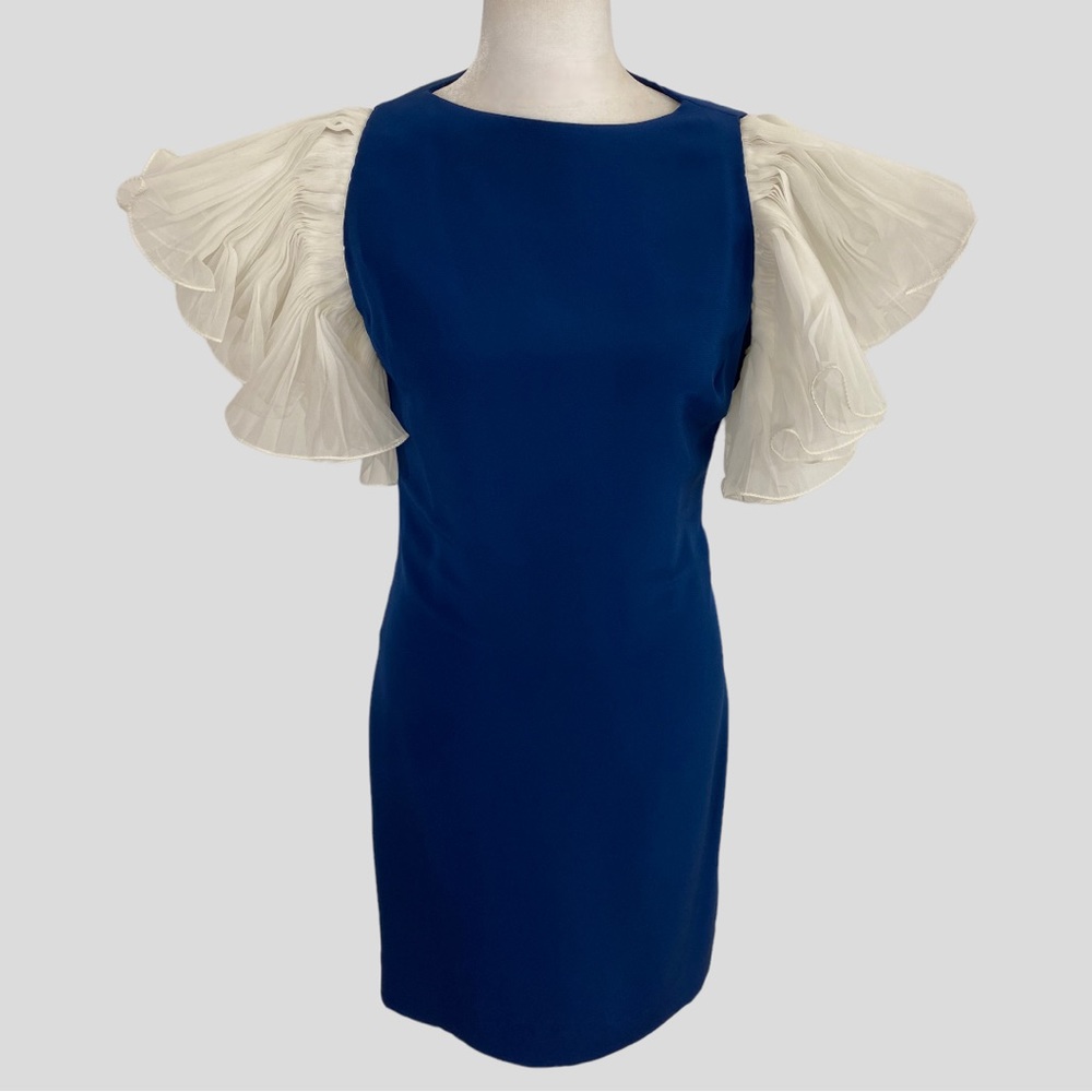 Vintage Jill Richards Blue + White Dramatic Pleated Ruffle Dress